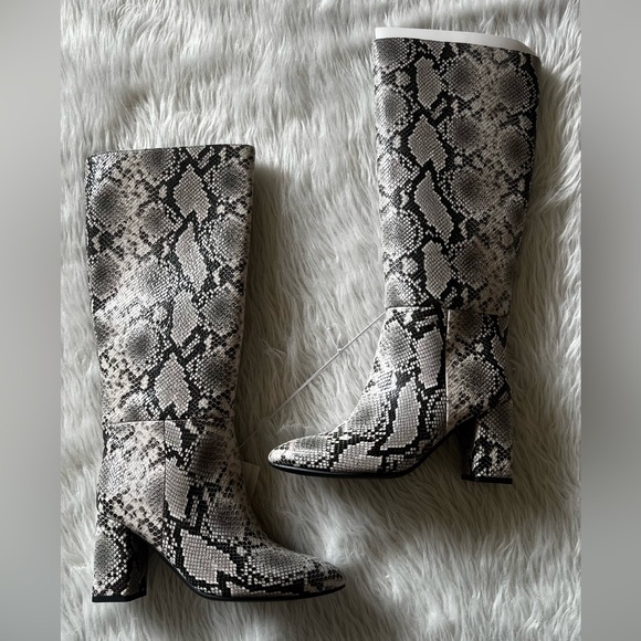 a new day Shoes - Snake Print Knee-High Block Heel Boots - White/Black